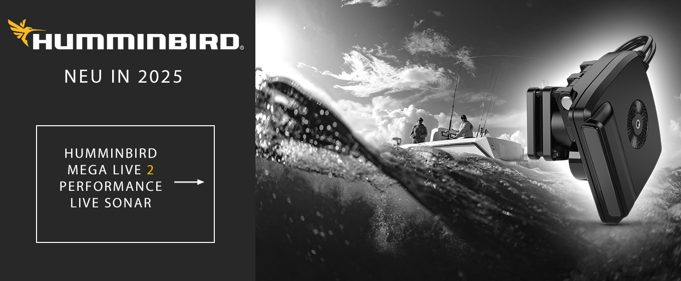 Humminbird Mega Live 2 Performance Live Sonar Geber für Boote vor einer schwarz-weißen Wellenkulisse