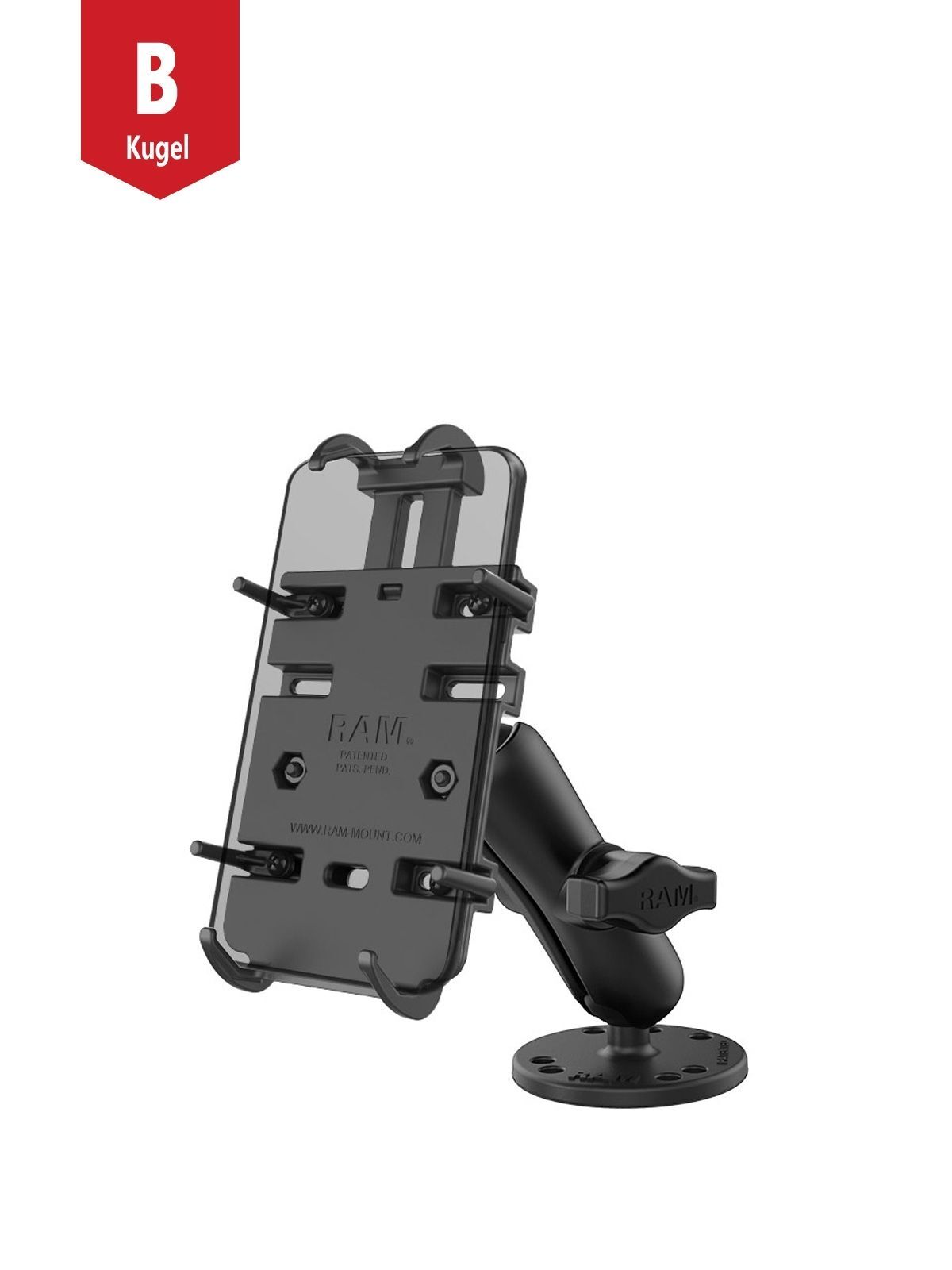 RAM Mounts Aufbau-Halterung Universal - B-Kugel (1 Zoll), runde Basisplatte (AMPS), mittlerer Verbindungsarm, Universal-Halteschale