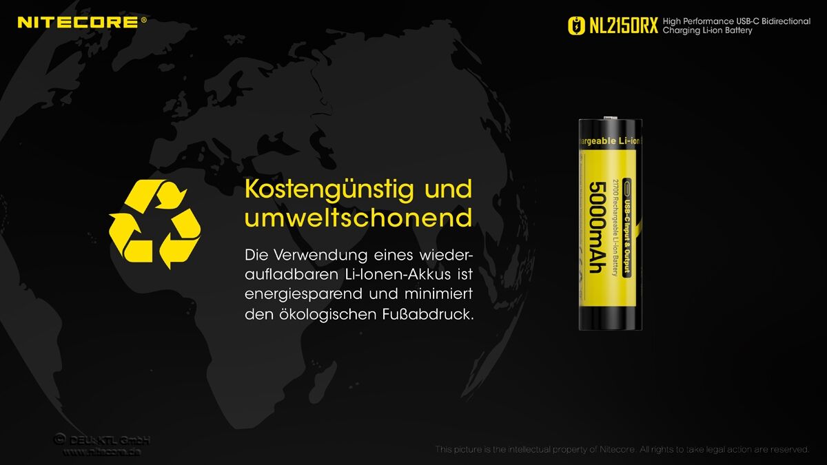 Nitecore Li-Ion Akku Typ 21700 - 5000mAh - NL2150RX mit Powerbank-Funktion