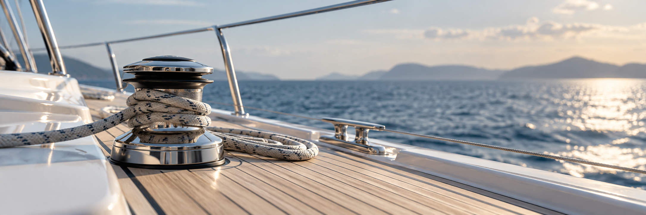 Glänzende Winche mit aufgewickeltem Tauwerk auf dem Teakdeck einer Segelyacht mit Blick auf das Meer