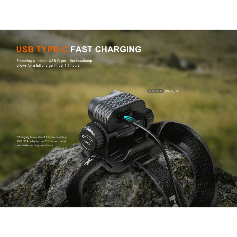 Fenix HM75R Pro Magnesium Stirnlampe beim schnellen Laden über ein USB-C-Kabel auf einem Stein.