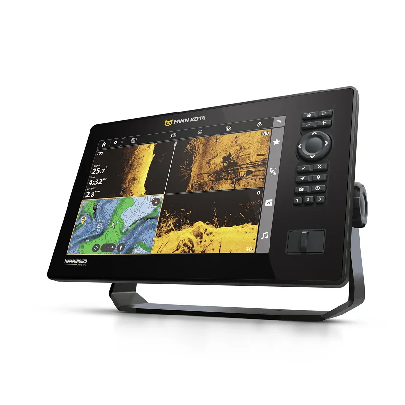Das Minn Kota X10 Echolot der 10 Zoll XPLORE-Serie mit aktivem Bildschirm auf einem schwarzen Standfuss.