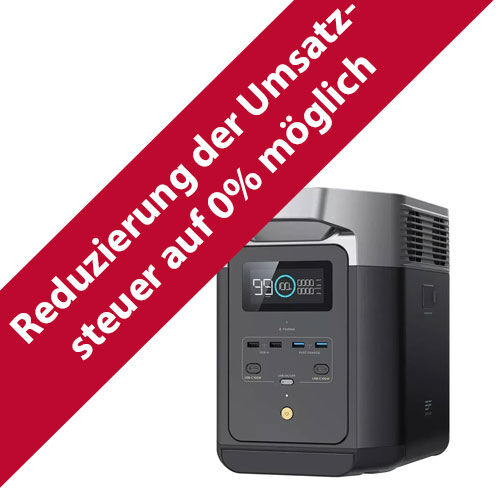 Eine tragbare Powerstation mit digitalem Display und Anschlüssen mit Werbebanner für Mehrwertsteuerreduzierung.