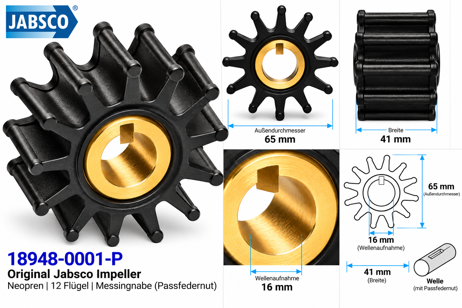 Jabsco Impeller-Kit Neopren/Ms 65mm als technische Zeichnung mit Massen