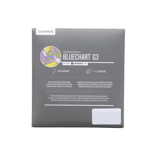 Graue Verpackung der Garmin BlueChart g3 Seekarte mit Logo und Produktinformationen auf der Vorderseite