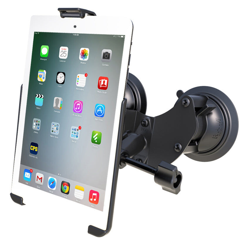 RAM Mounts Doppel-Saugfuss-Halterung für Apple iPad mini 1-3 - B-Kugel (1 Zoll), EZ-Roll'r-Halteschale, mittlerer Verbindungsarm (mit langem Feststellhebel)