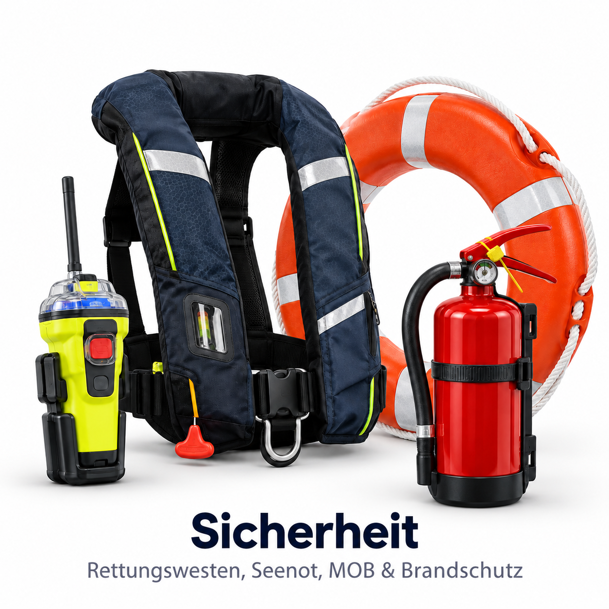 Maritime Sicherheitsausstattung mit Rettungsweste, Rettungsring, Funkgerät und Feuerlöscher auf weißem Grund.
